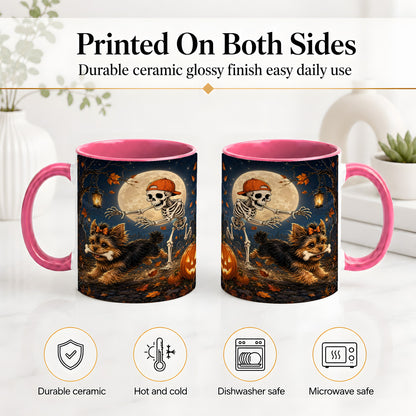 #pl[11oz|Pink] Skeleton Yorkie Chase Ceramic Mug, Halloween Art for Dog Lovers
