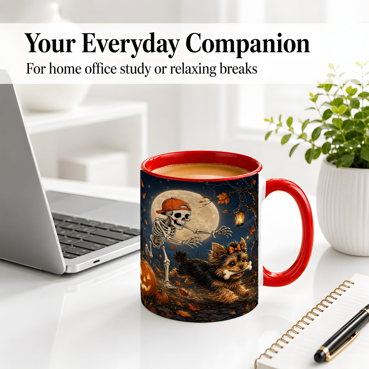 #pl[11oz|Red] Skeleton Yorkie Chase Ceramic Mug, Halloween Art for Dog Lovers
