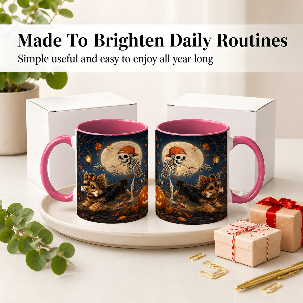 #pl[11oz|Pink] Skeleton Yorkie Chase Ceramic Mug, Halloween Art for Dog Lovers