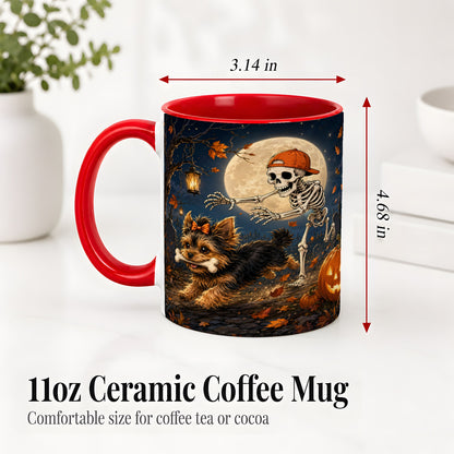 #pl[11oz|Red] Skeleton Yorkie Chase Ceramic Mug, Halloween Art for Dog Lovers