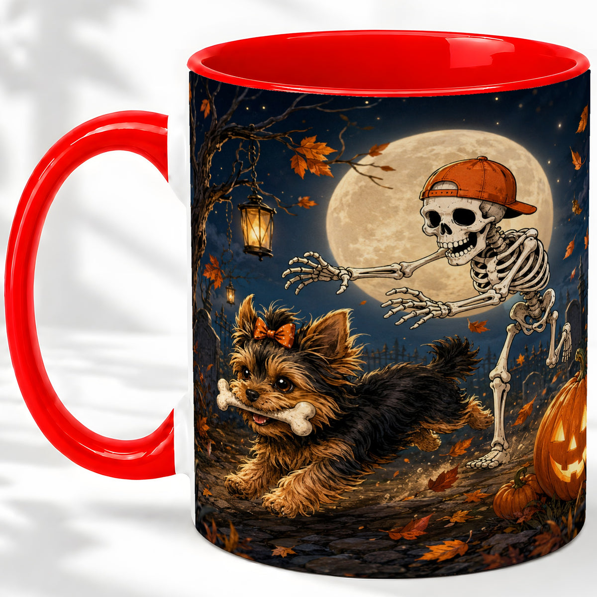 Skeleton Yorkie Chase Ceramic Mug, Halloween Art for Dog Lovers