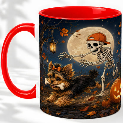 Skeleton Yorkie Chase Ceramic Mug, Halloween Art for Dog Lovers