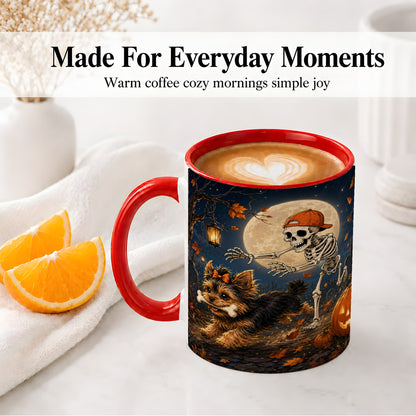 #pl[11oz|Red] Skeleton Yorkie Chase Ceramic Mug, Halloween Art for Dog Lovers