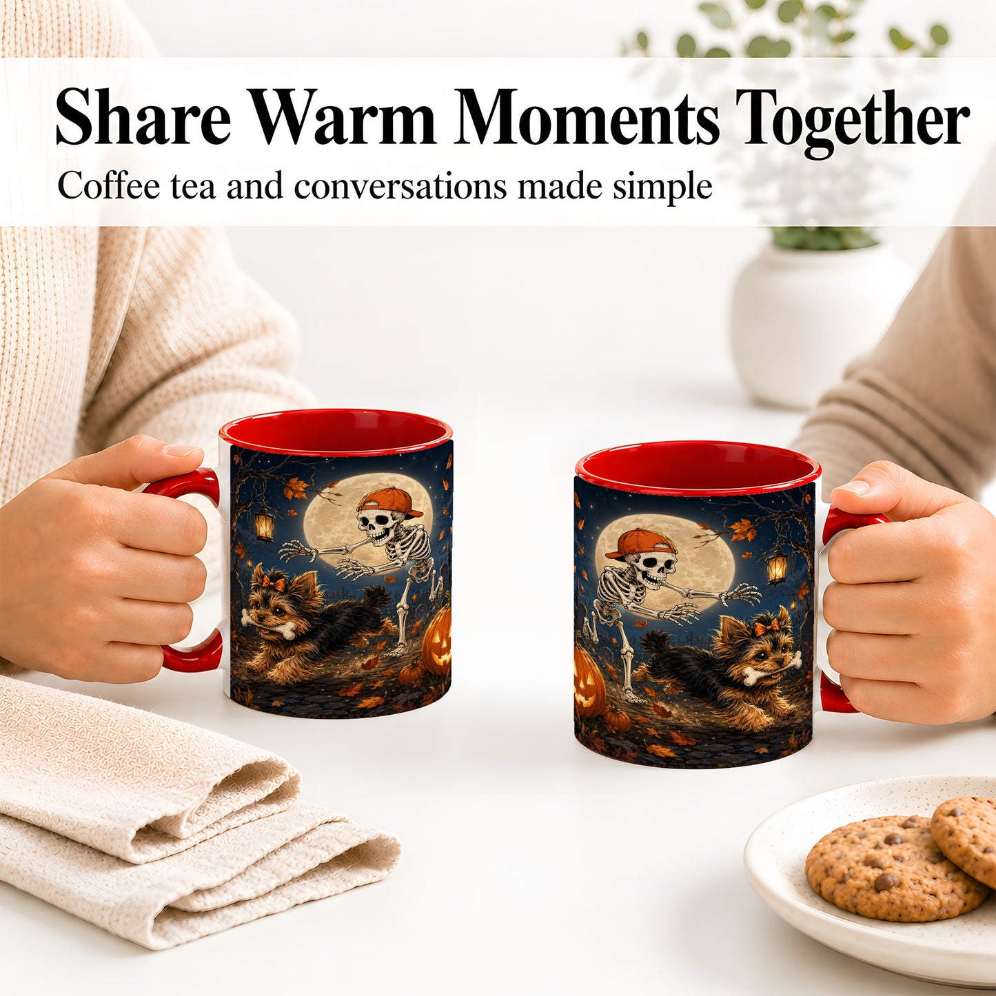 #pl[11oz|Red] Skeleton Yorkie Chase Ceramic Mug, Halloween Art for Dog Lovers