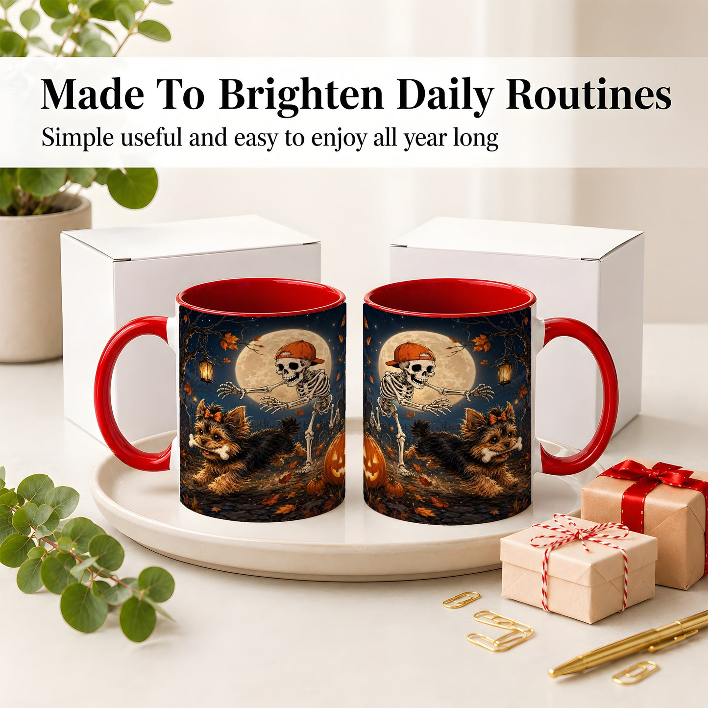#pl[11oz|Red] Skeleton Yorkie Chase Ceramic Mug, Halloween Art for Dog Lovers