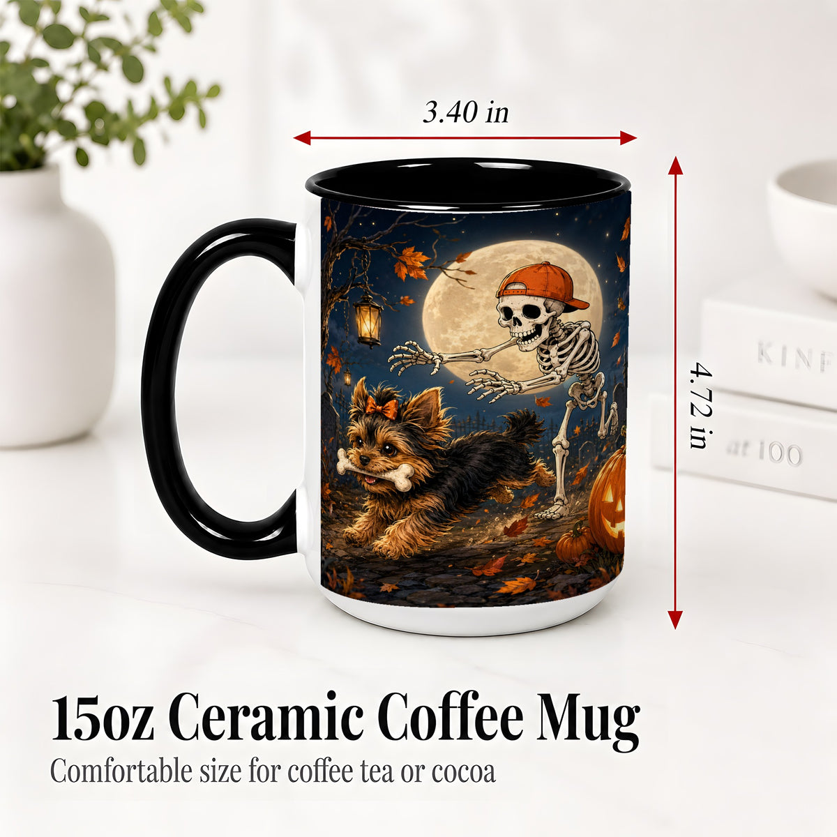 #pl[15oz|Black] Skeleton Yorkie Chase Ceramic Mug, Halloween Art for Dog Lovers