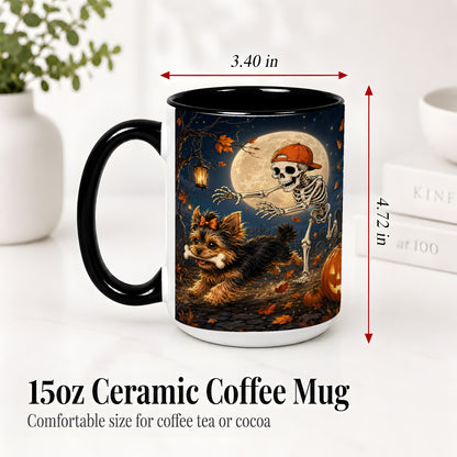 #pl[15oz|Black] Skeleton Yorkie Chase Ceramic Mug, Halloween Art for Dog Lovers