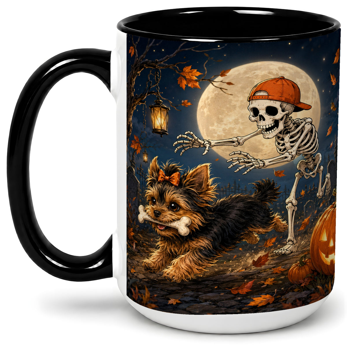 #pl[15oz|Black] Skeleton Yorkie Chase Ceramic Mug, Halloween Art for Dog Lovers
