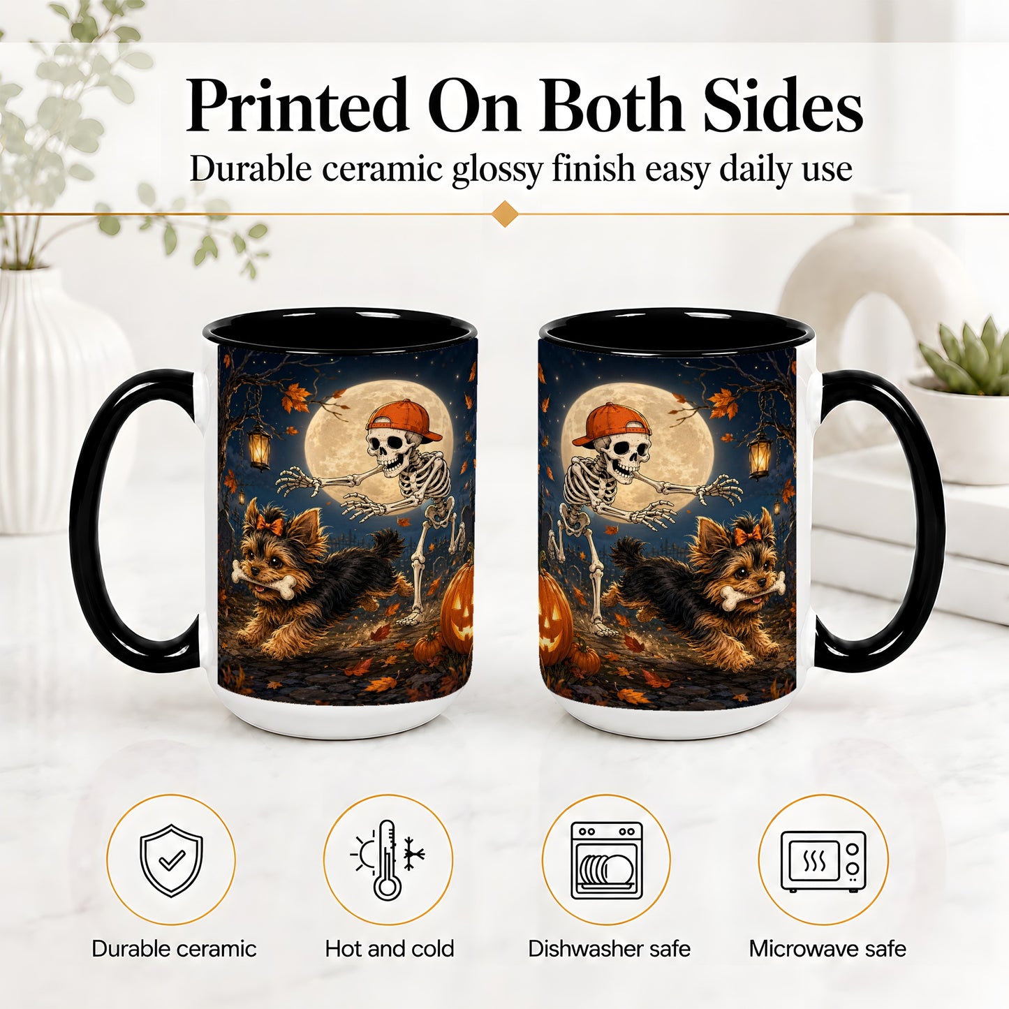 #pl[15oz|Black] Skeleton Yorkie Chase Ceramic Mug, Halloween Art for Dog Lovers