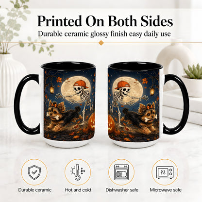 #pl[15oz|Black] Skeleton Yorkie Chase Ceramic Mug, Halloween Art for Dog Lovers