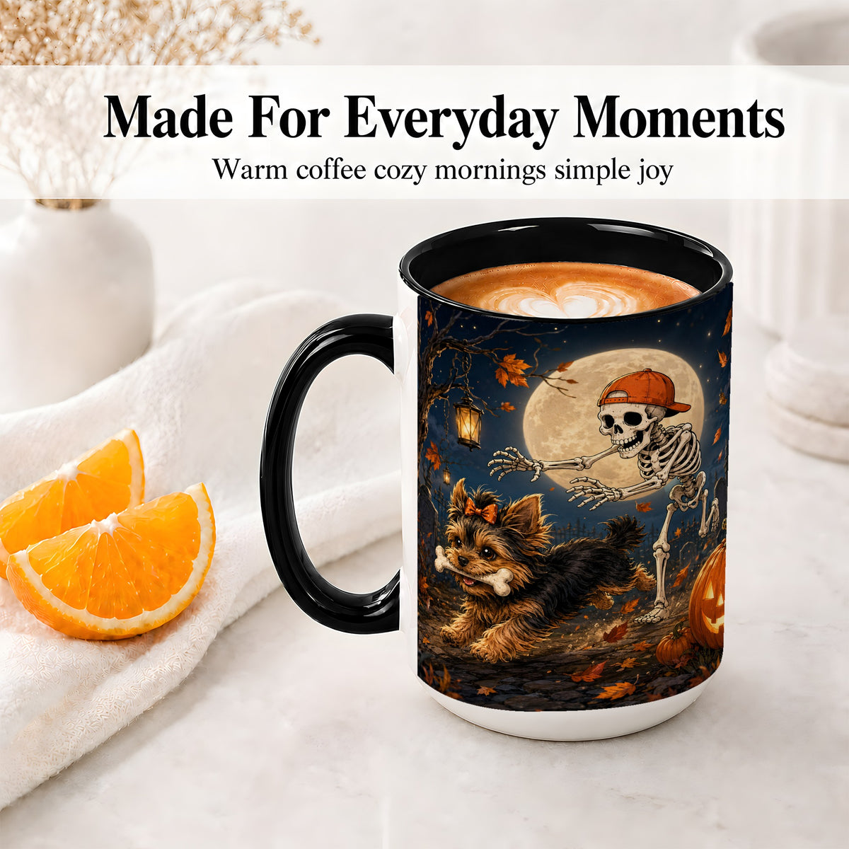 #pl[15oz|Black] Skeleton Yorkie Chase Ceramic Mug, Halloween Art for Dog Lovers