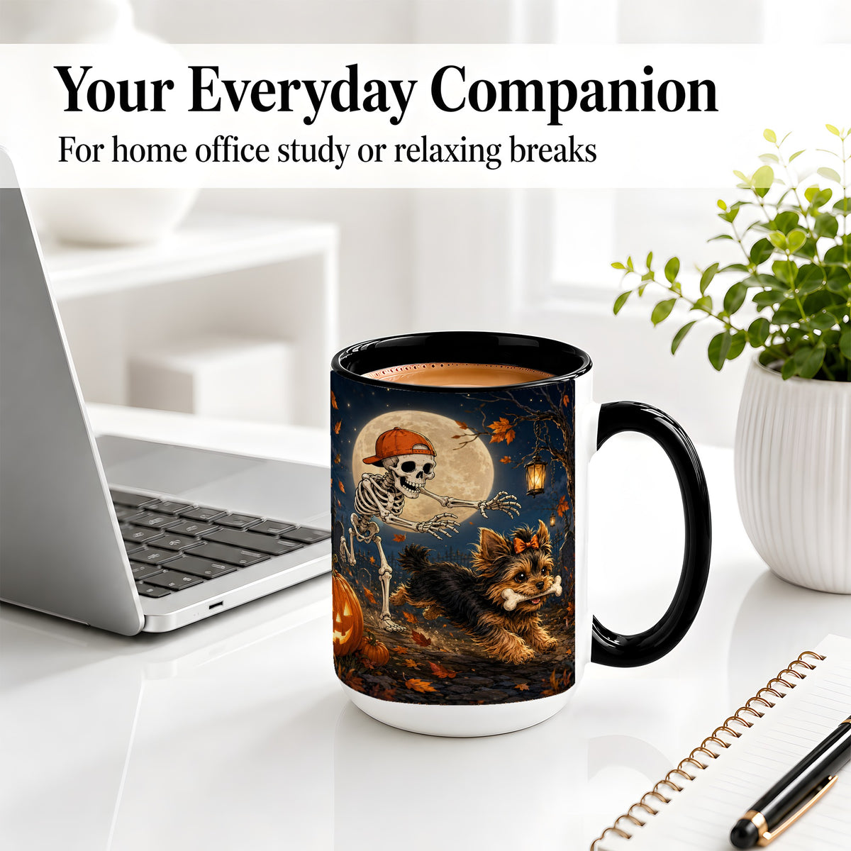 #pl[15oz|Black] Skeleton Yorkie Chase Ceramic Mug, Halloween Art for Dog Lovers