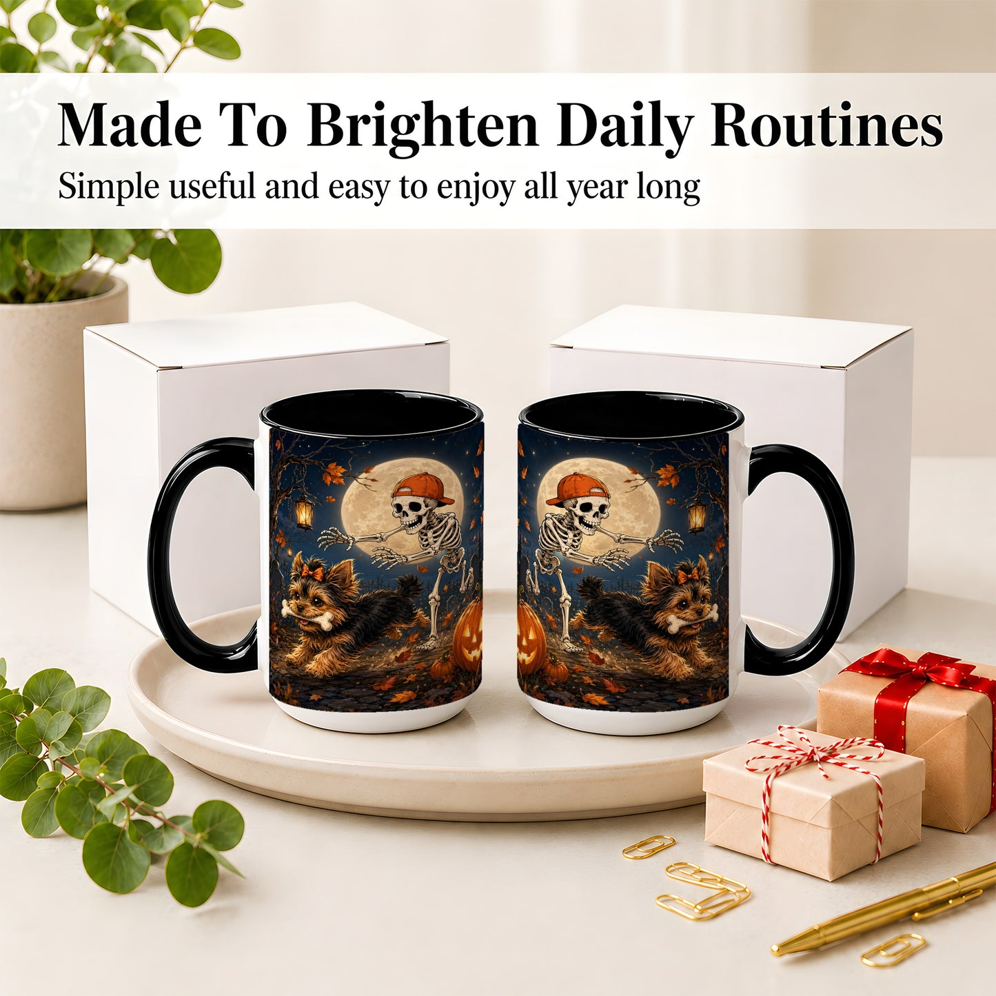 #pl[15oz|Black] Skeleton Yorkie Chase Ceramic Mug, Halloween Art for Dog Lovers