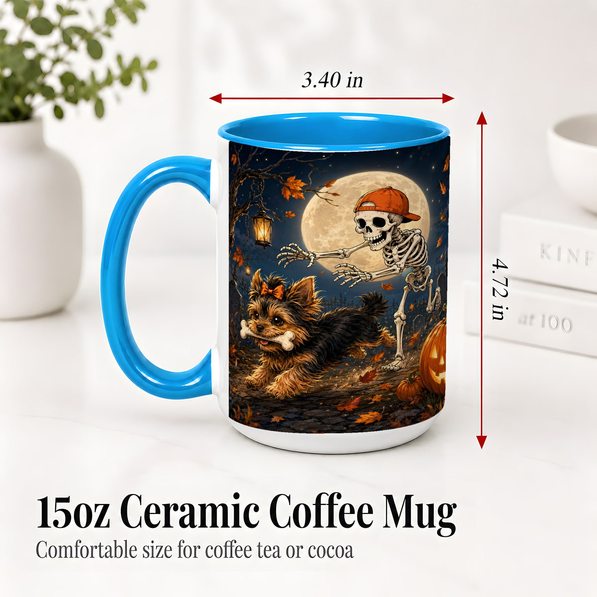 #pl[15oz|Blue] Skeleton Yorkie Chase Ceramic Mug, Halloween Art for Dog Lovers