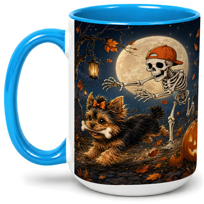 #pl[15oz|Blue] Skeleton Yorkie Chase Ceramic Mug, Halloween Art for Dog Lovers