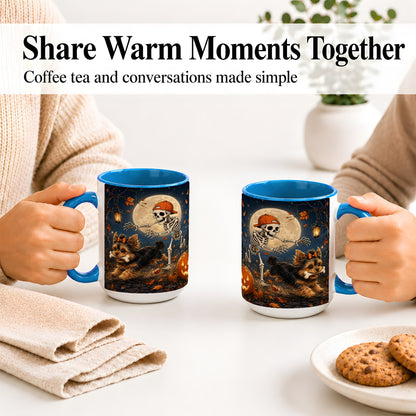 #pl[15oz|Blue] Skeleton Yorkie Chase Ceramic Mug, Halloween Art for Dog Lovers