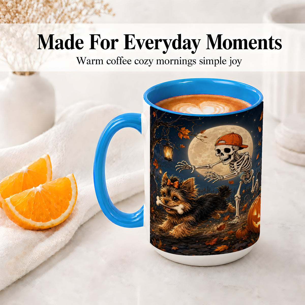 #pl[15oz|Blue] Skeleton Yorkie Chase Ceramic Mug, Halloween Art for Dog Lovers