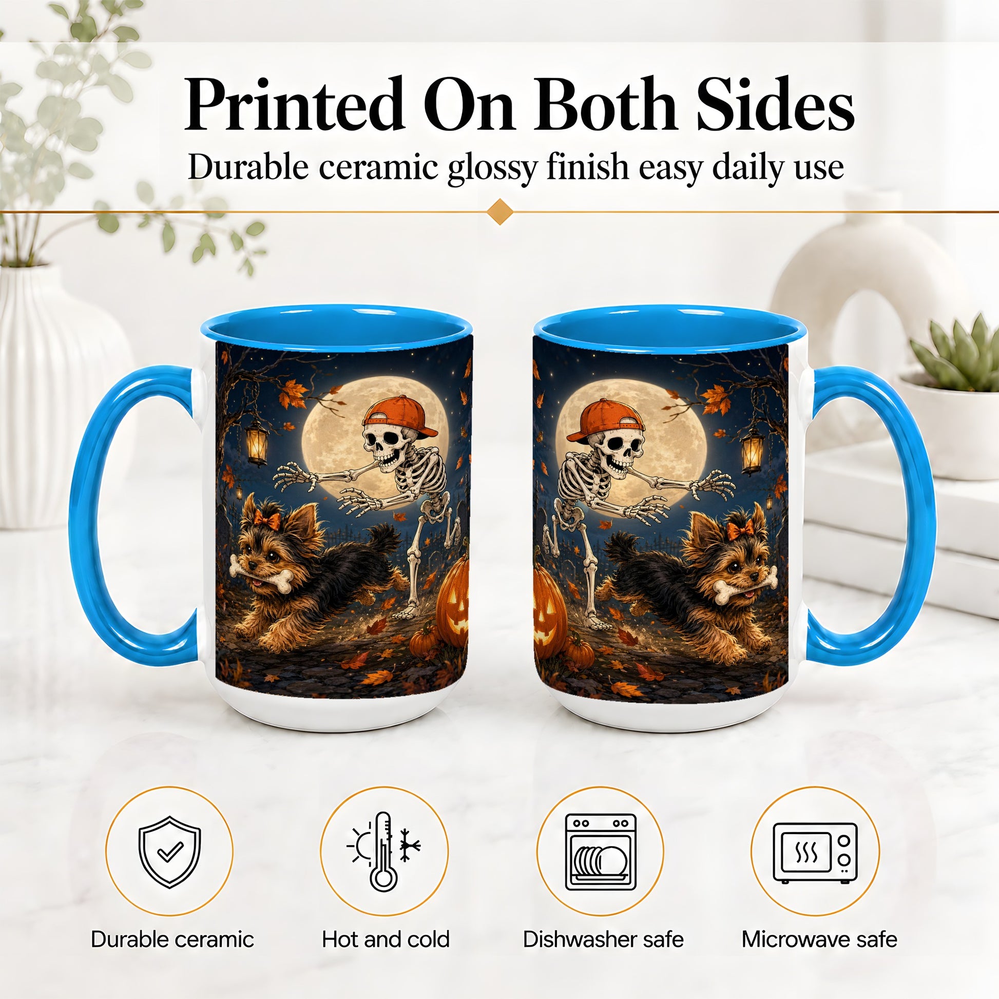 #pl[15oz|Blue] Skeleton Yorkie Chase Ceramic Mug, Halloween Art for Dog Lovers