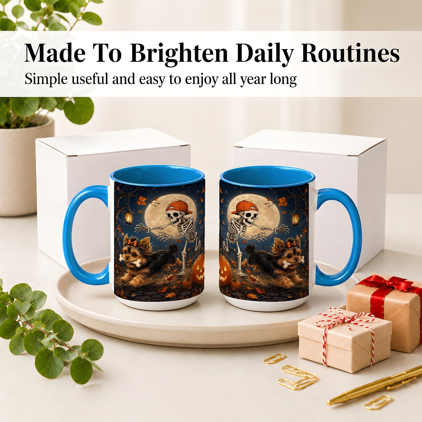 #pl[15oz|Blue] Skeleton Yorkie Chase Ceramic Mug, Halloween Art for Dog Lovers