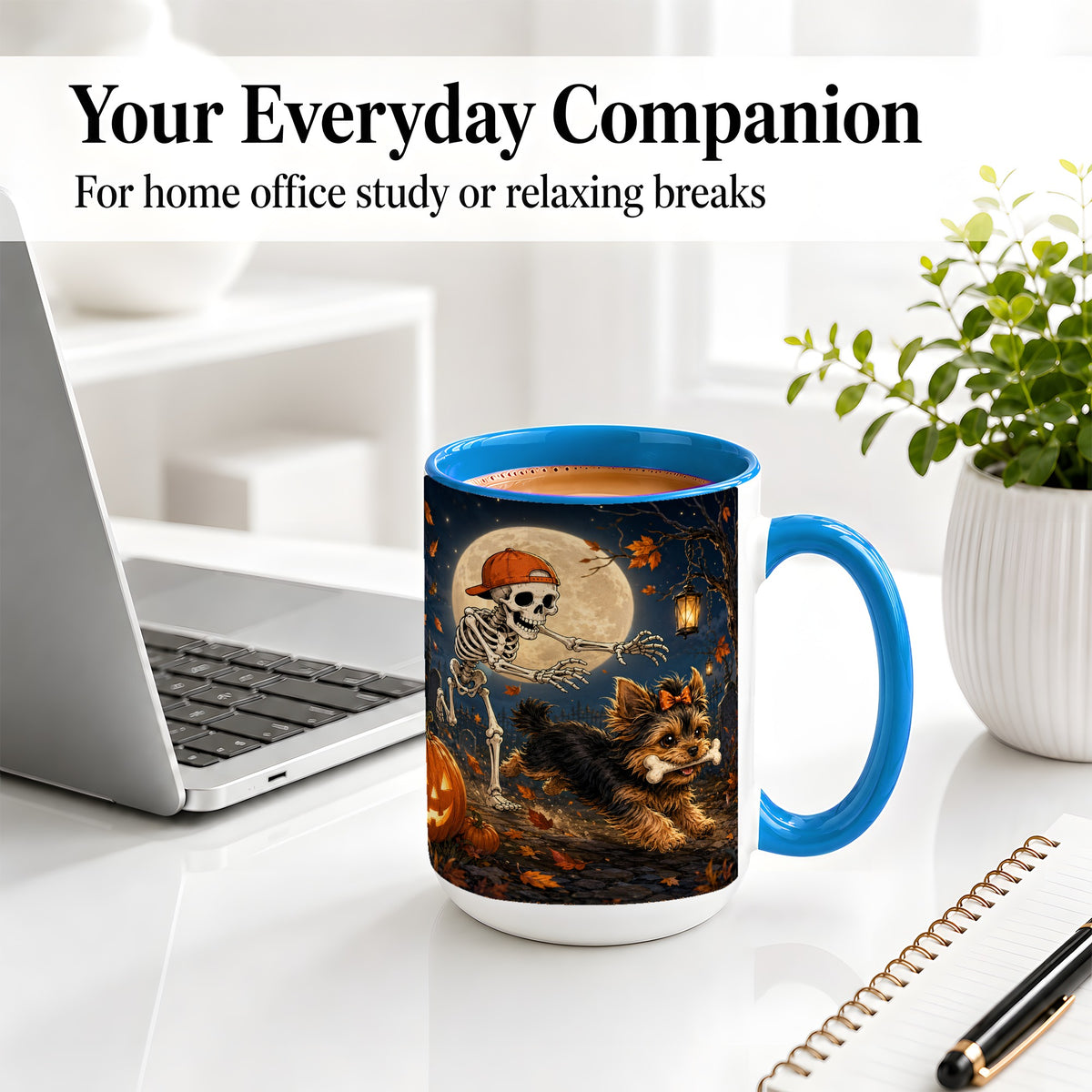#pl[15oz|Blue] Skeleton Yorkie Chase Ceramic Mug, Halloween Art for Dog Lovers