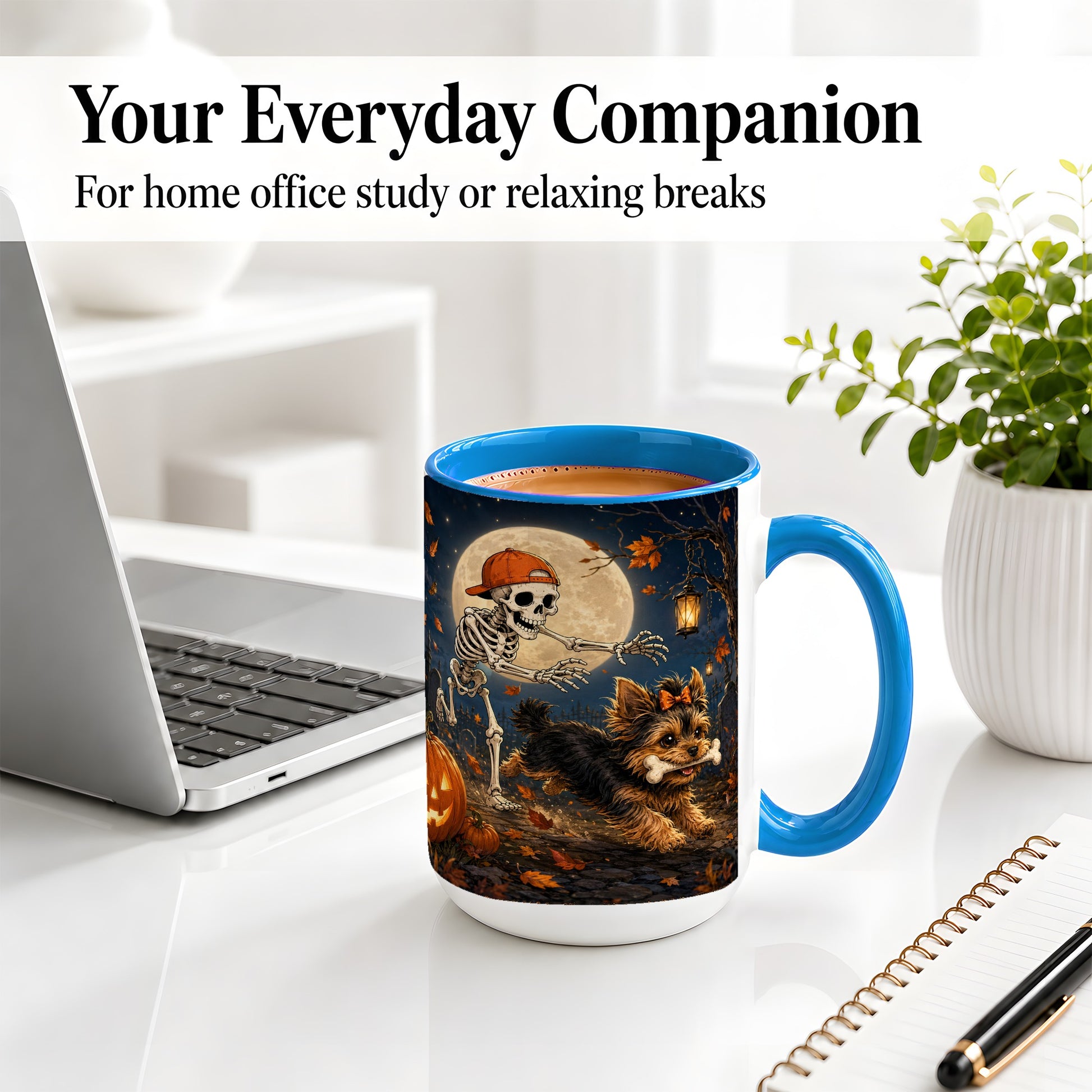 #pl[15oz|Blue] Skeleton Yorkie Chase Ceramic Mug, Halloween Art for Dog Lovers