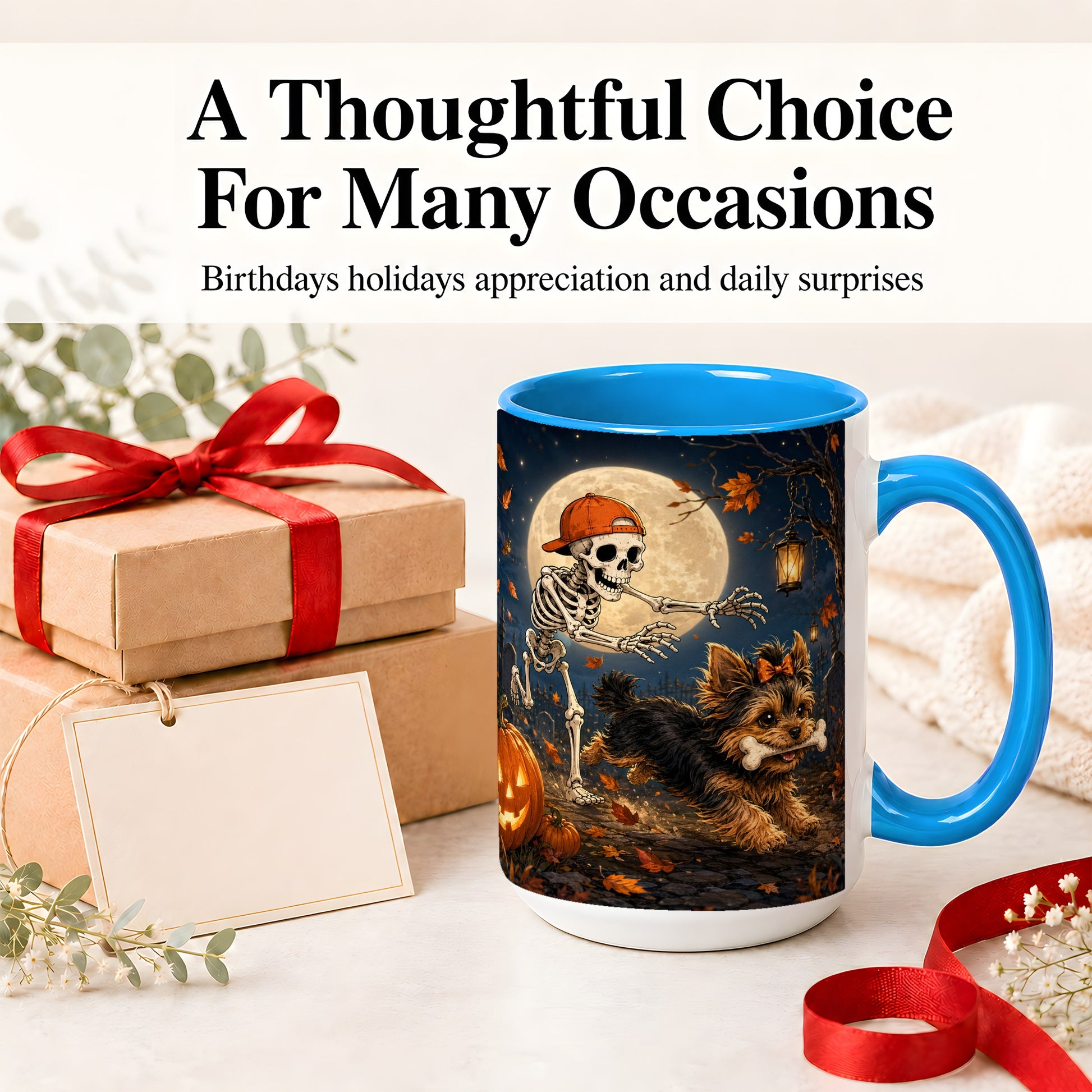 #pl[15oz|Blue] Skeleton Yorkie Chase Ceramic Mug, Halloween Art for Dog Lovers