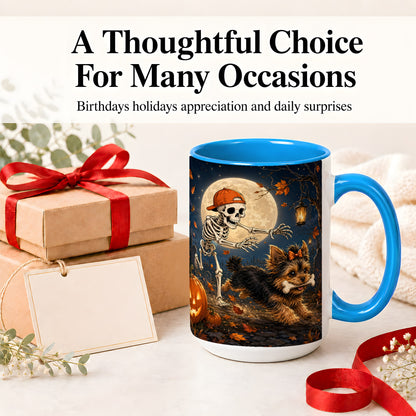 #pl[15oz|Blue] Skeleton Yorkie Chase Ceramic Mug, Halloween Art for Dog Lovers