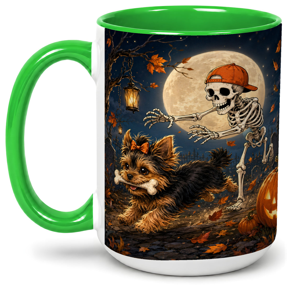 #pl[15oz|Green] Skeleton Yorkie Chase Ceramic Mug, Halloween Art for Dog Lovers