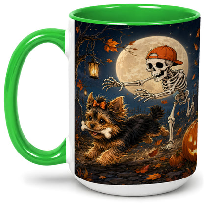 #pl[15oz|Green] Skeleton Yorkie Chase Ceramic Mug, Halloween Art for Dog Lovers