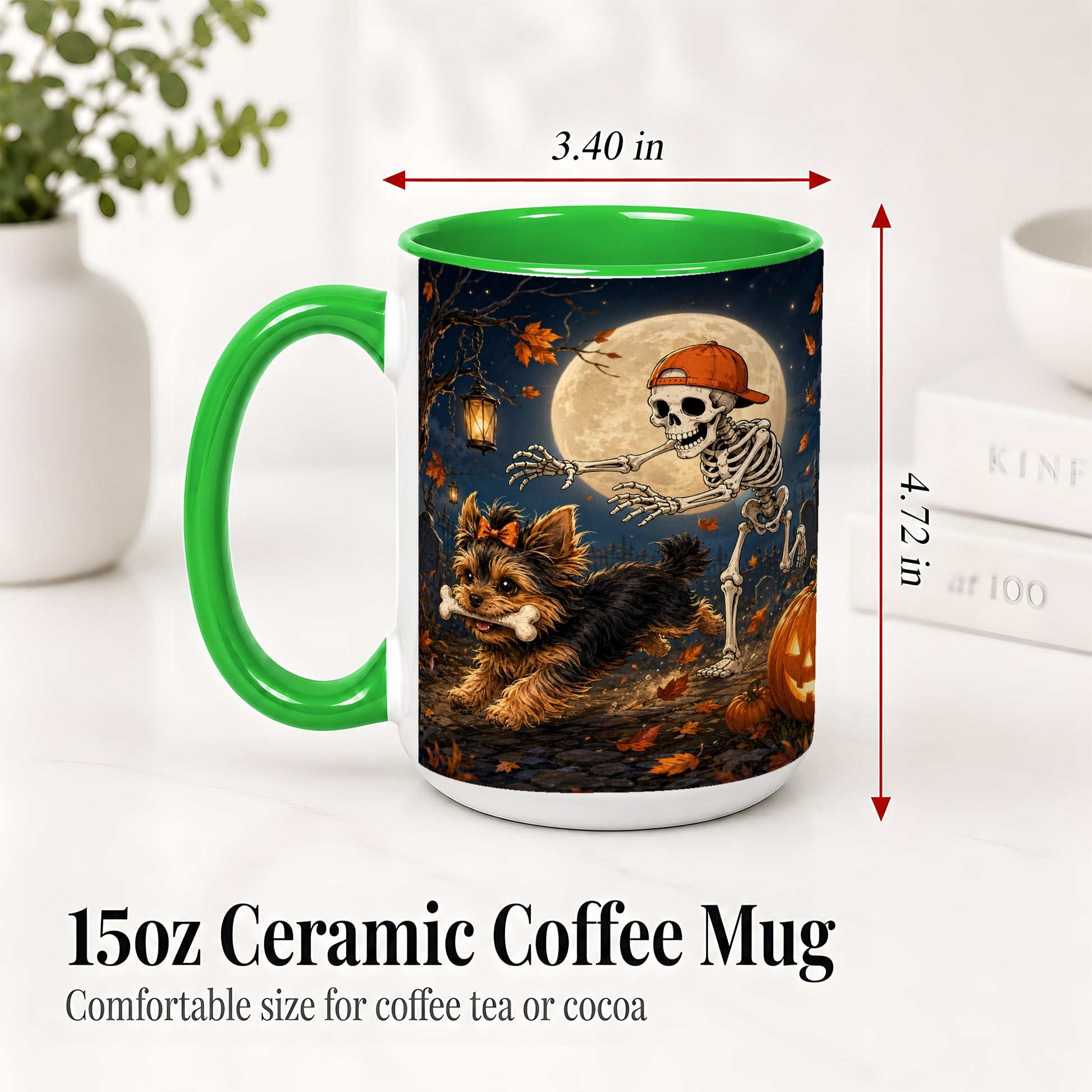 #pl[15oz|Green] Skeleton Yorkie Chase Ceramic Mug, Halloween Art for Dog Lovers
