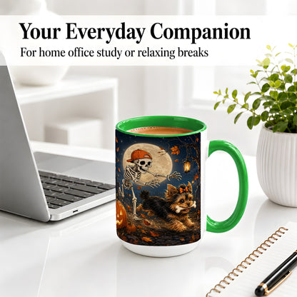 #pl[15oz|Green] Skeleton Yorkie Chase Ceramic Mug, Halloween Art for Dog Lovers