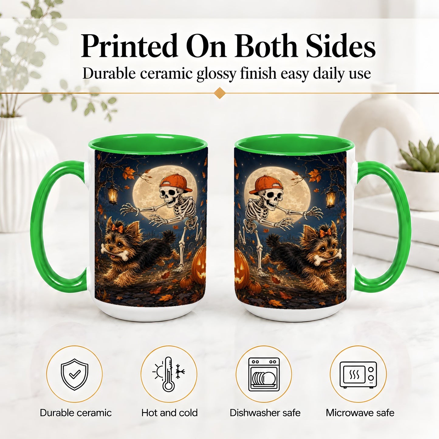 #pl[15oz|Green] Skeleton Yorkie Chase Ceramic Mug, Halloween Art for Dog Lovers