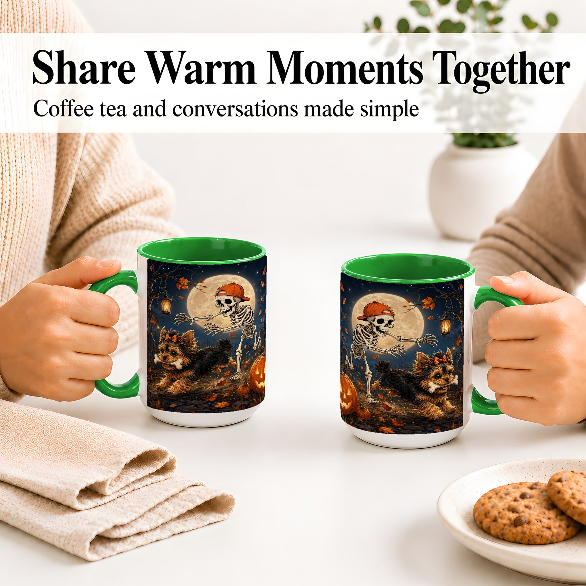 #pl[15oz|Green] Skeleton Yorkie Chase Ceramic Mug, Halloween Art for Dog Lovers