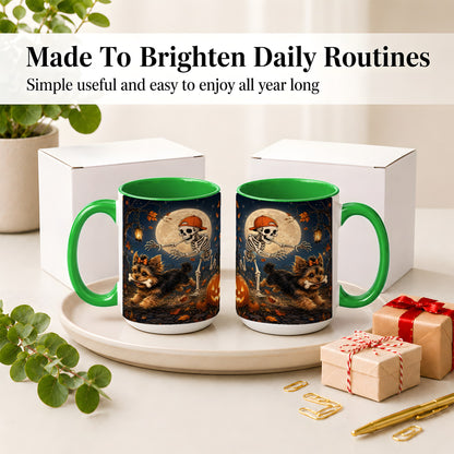 #pl[15oz|Green] Skeleton Yorkie Chase Ceramic Mug, Halloween Art for Dog Lovers