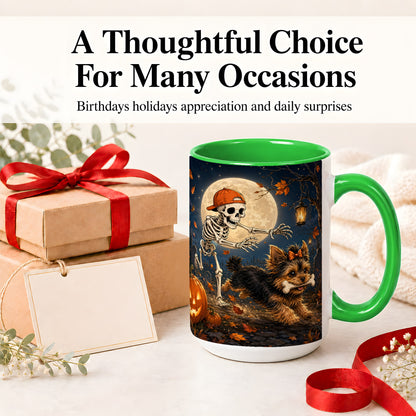 #pl[15oz|Green] Skeleton Yorkie Chase Ceramic Mug, Halloween Art for Dog Lovers