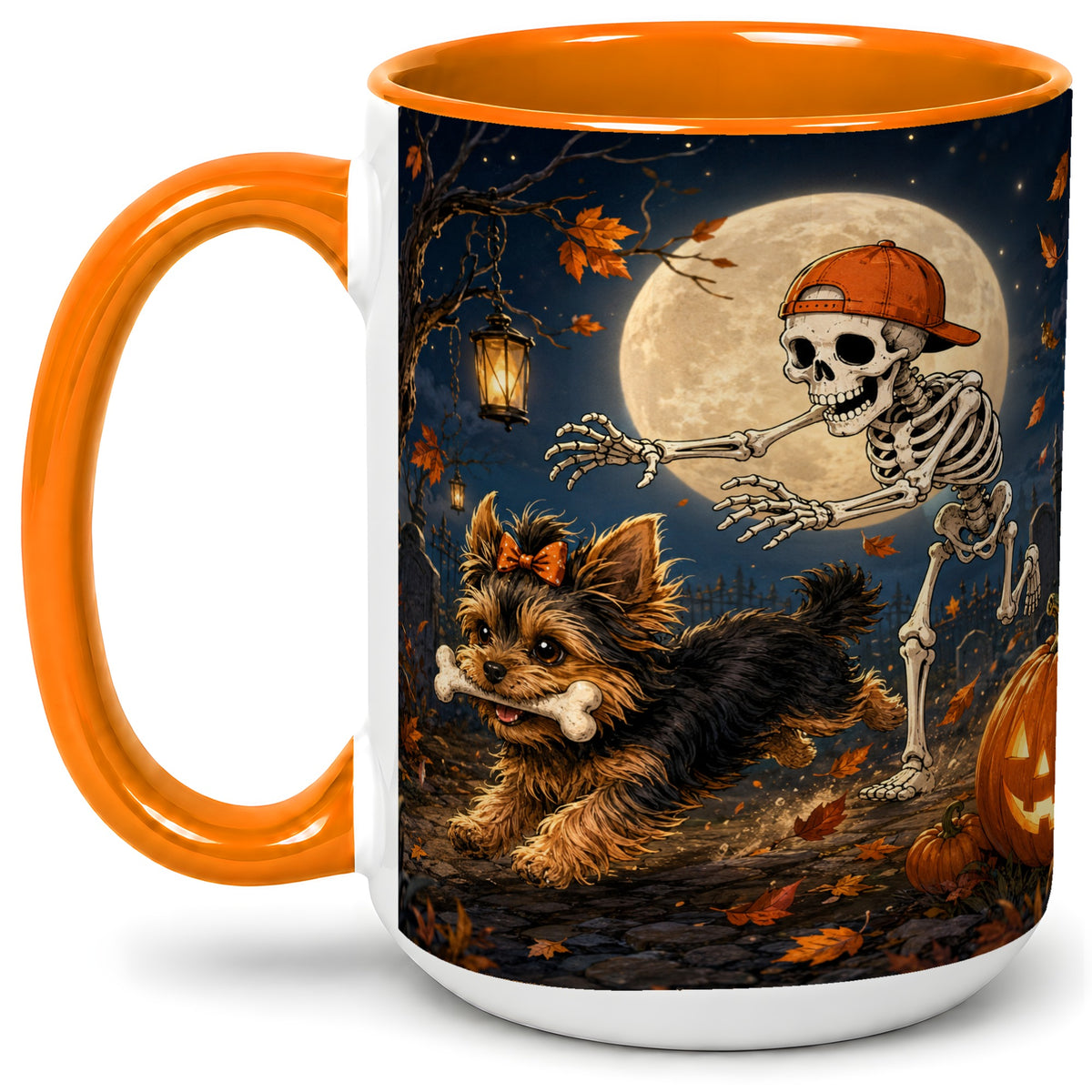#pl[15oz|Orange] Skeleton Yorkie Chase Ceramic Mug, Halloween Art for Dog Lovers