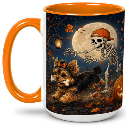 #pl[15oz|Orange] Skeleton Yorkie Chase Ceramic Mug, Halloween Art for Dog Lovers