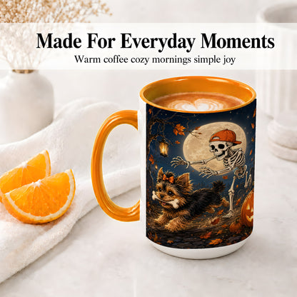 #pl[15oz|Orange] Skeleton Yorkie Chase Ceramic Mug, Halloween Art for Dog Lovers