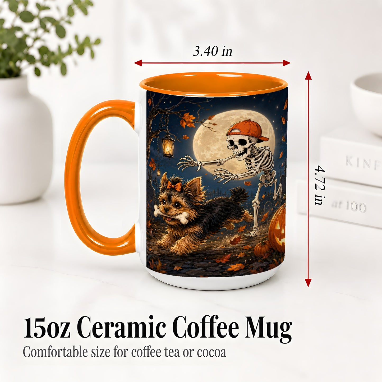 #pl[15oz|Orange] Skeleton Yorkie Chase Ceramic Mug, Halloween Art for Dog Lovers