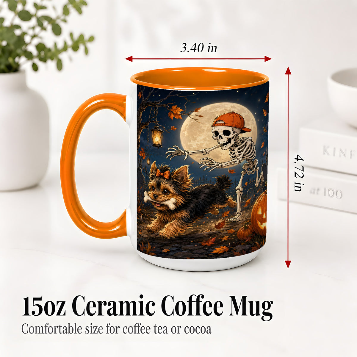 #pl[15oz|Orange] Skeleton Yorkie Chase Ceramic Mug, Halloween Art for Dog Lovers