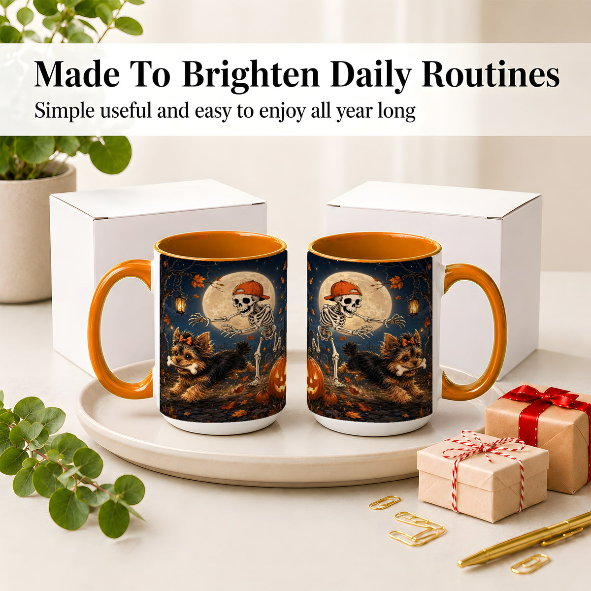 #pl[15oz|Orange] Skeleton Yorkie Chase Ceramic Mug, Halloween Art for Dog Lovers