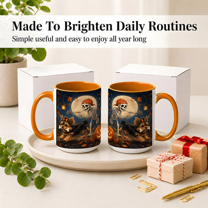 #pl[15oz|Orange] Skeleton Yorkie Chase Ceramic Mug, Halloween Art for Dog Lovers