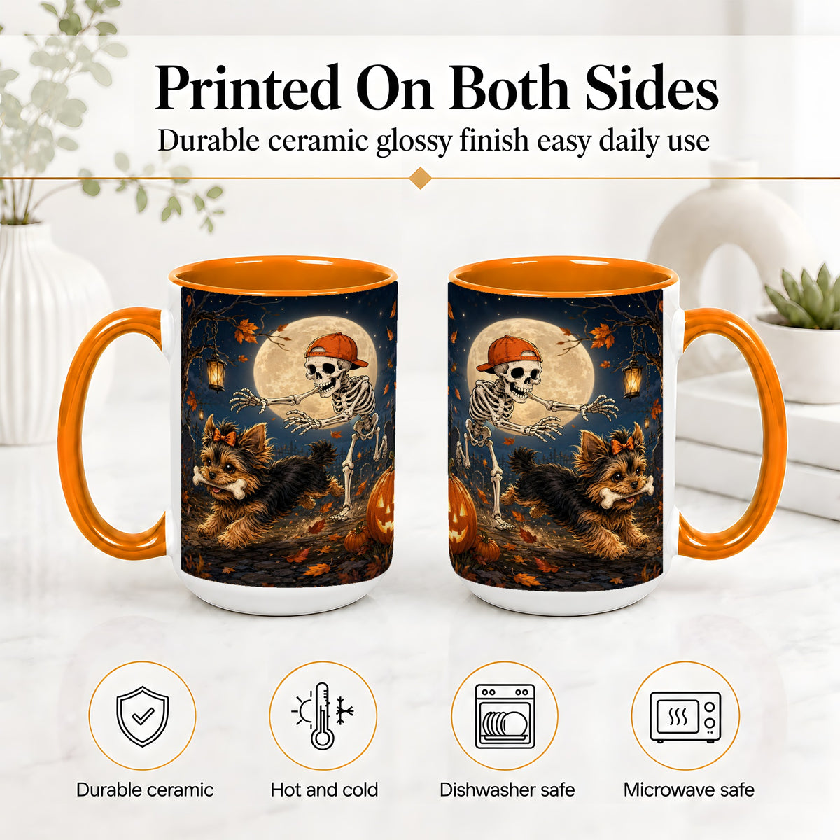 #pl[15oz|Orange] Skeleton Yorkie Chase Ceramic Mug, Halloween Art for Dog Lovers