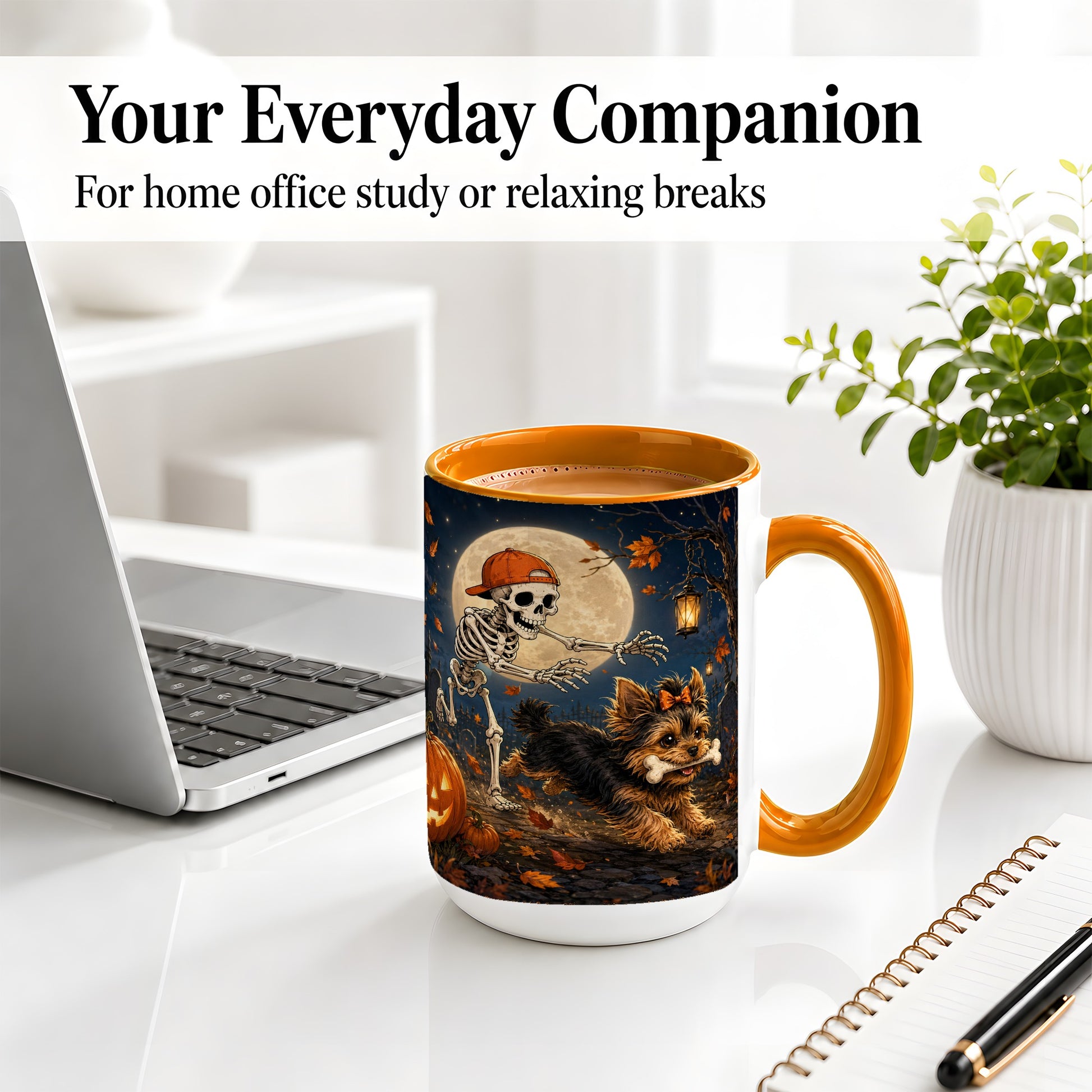 #pl[15oz|Orange] Skeleton Yorkie Chase Ceramic Mug, Halloween Art for Dog Lovers