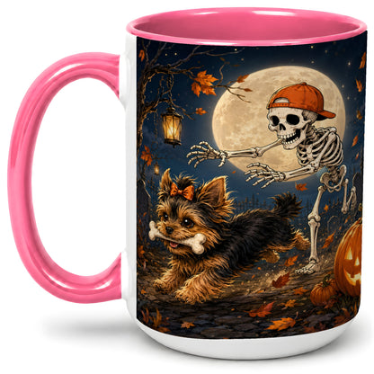 #pl[15oz|Pink] Skeleton Yorkie Chase Ceramic Mug, Halloween Art for Dog Lovers