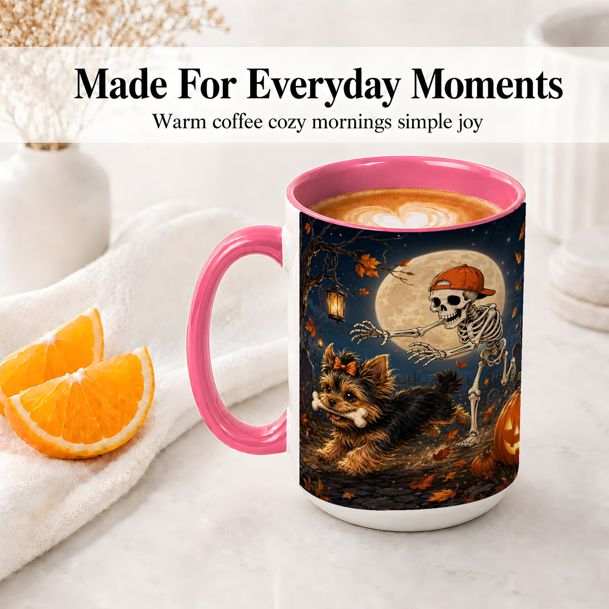 #pl[15oz|Pink] Skeleton Yorkie Chase Ceramic Mug, Halloween Art for Dog Lovers