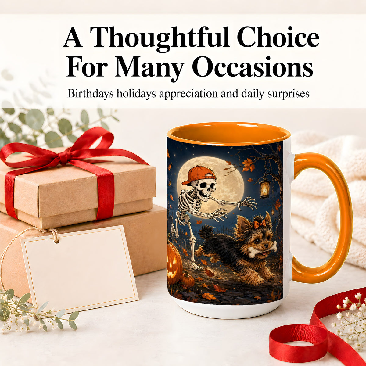 #pl[15oz|Orange] Skeleton Yorkie Chase Ceramic Mug, Halloween Art for Dog Lovers