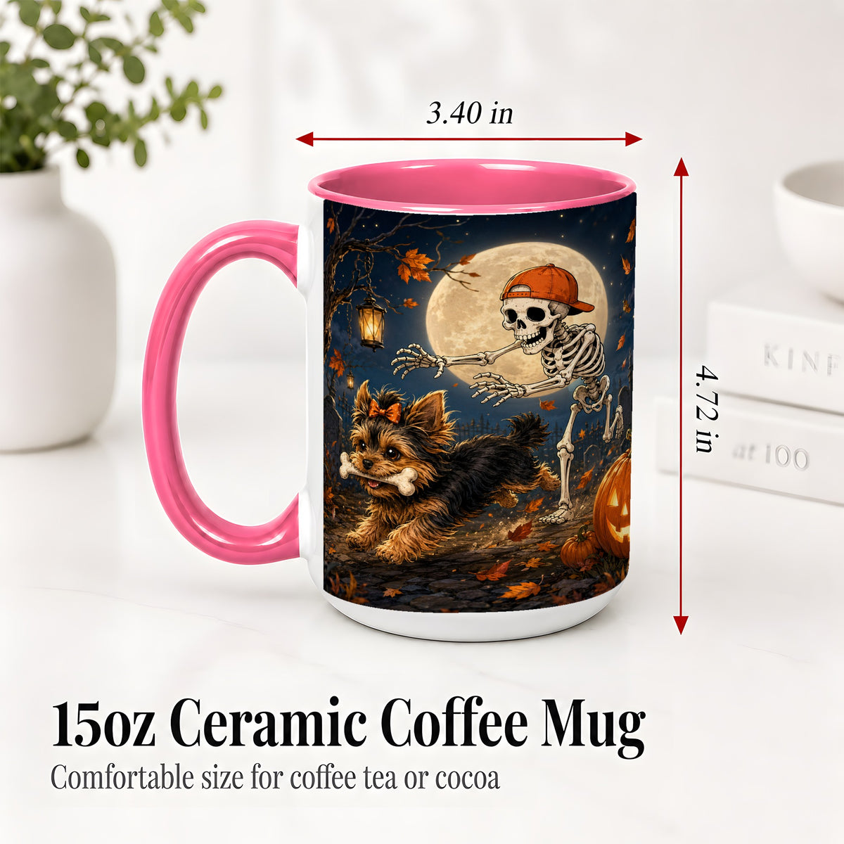 #pl[15oz|Pink] Skeleton Yorkie Chase Ceramic Mug, Halloween Art for Dog Lovers