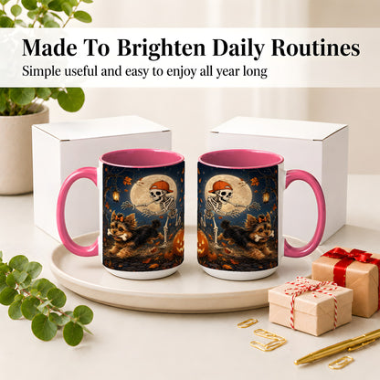 #pl[15oz|Pink] Skeleton Yorkie Chase Ceramic Mug, Halloween Art for Dog Lovers