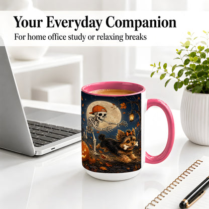 #pl[15oz|Pink] Skeleton Yorkie Chase Ceramic Mug, Halloween Art for Dog Lovers